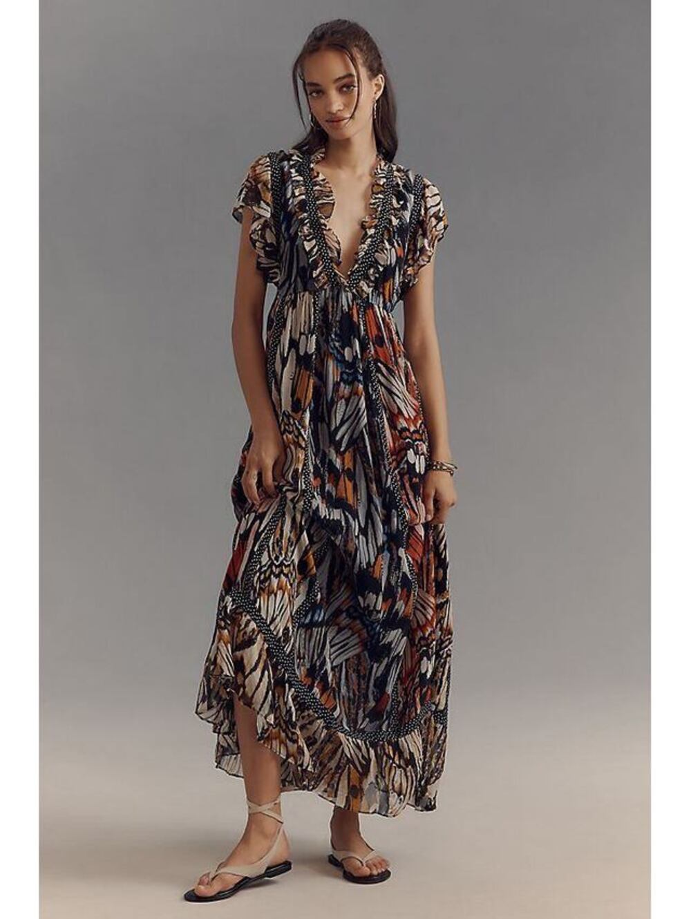 Anthropologie Maeve Boho Butterfly-Print V-Neck Maxi Dress in Multicolor Size XS